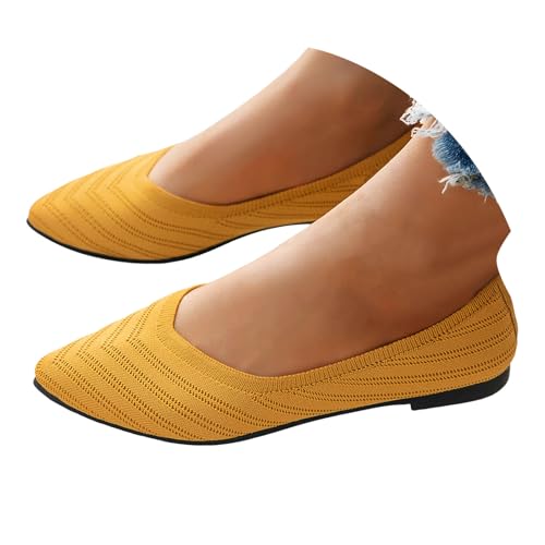 XIANUOJI Ballerinas Damen Flache Atmungsaktive Schuhe Knit Kleid Runde Zehe Loafer Slip On Walking Ballerina Sommerschuhe Niedriger Weich (Gelb, 38) von XIANUOJI