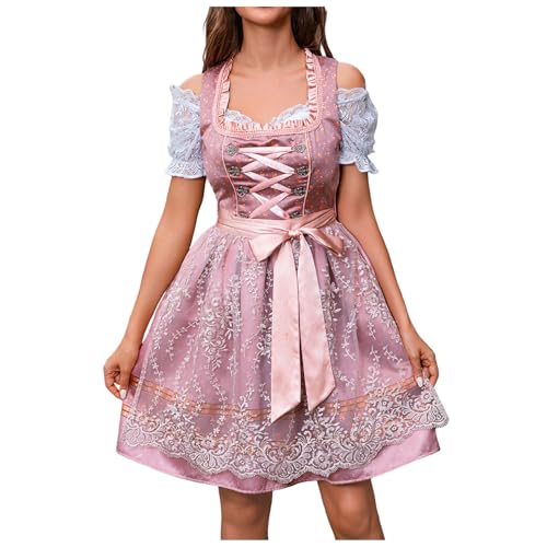 XIANUOJI Trachten Damen Dirndl Midi Dirndlkleid Tachtenkleid mit Spitze Trachtenmode Trachtenrock Kleid für Oktoberfest mit Spitzenschürze (5-Rosa, L) von XIANUOJI