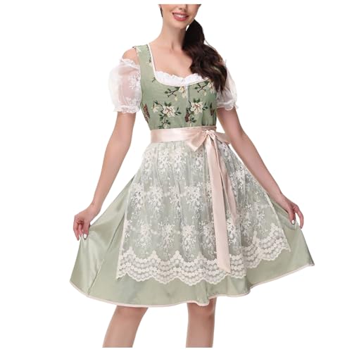 XIANUOJI Trachten Damen Dirndl Midi Dirndlkleid Tachtenkleid mit Spitze Trachtenmode Trachtenrock Kleid für Oktoberfest mit Spitzenschürze (Grün, L) von XIANUOJI