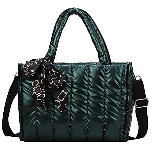 XIANXIAN Gesteppte Tote Tasche, Damen Gesteppte Nylon Tragetasche Umhängetasche Große Tote Bag mit Seidentuch Weich Handtaschen Top Griff Tasche Einfarbig Messenger Beutel von XIANXIAN