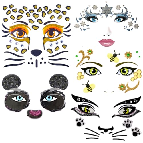 5PCS Schnee Gesicht Kunst Aufkleber Glitzernde Liebe Stern Stadium Gesicht Sparkling Make up Party Gesicht Aufkleber Leopard Biene Katze Panda von XIANZHONG