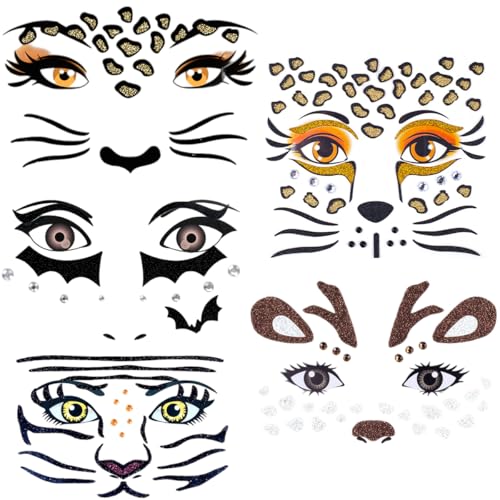 Leopard Fledermaus Tiger Hirsch Gesicht Art Aufkleber Edelsteine Klebende Glitter Tiere Stadium Make-up Gesicht Sparkling Party Gesicht Aufkleber 5PCS von XIANZHONG