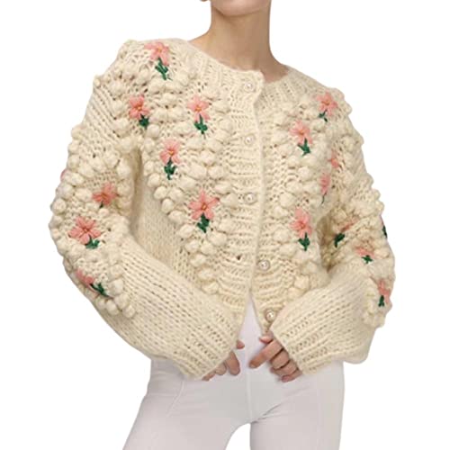 XIAOCILAO Damen Knopf Strickjacke Süße kleine Blume Stickerei Pullover Twist Perle Knopf Strickpullover Cardigan Mantel, beige, M von XIAOCILAO