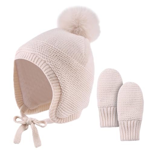 Baby Wintermütze mit Ohren Warme Babymütze Baby Mädchen Jungen Winter Kind Mütze Handschuhe Ohrenklappen Mütze mit Fleece (0-6 Monate, Beige(Hut+Fäustling)) von XIAOHAWANG
