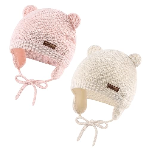 XIAOHAWANG Baby Earflap Beanie Hat Soft Baby Boy Knit Beanies Cute Bear Infant Toddler Girl Hats Autumn Winter, 2 Stück - D, 0-6 Monate von XIAOHAWANG