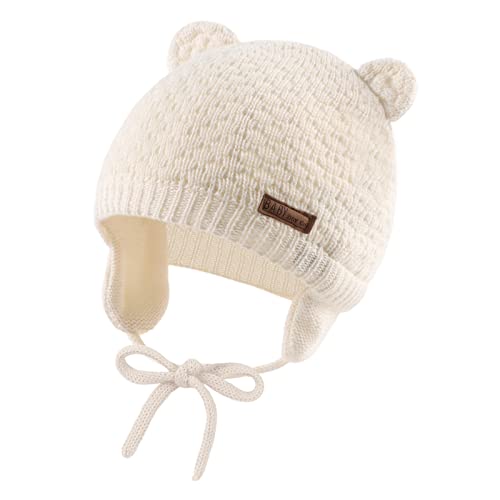 XIAOHAWANG Baby Wintermütze Jungen Mädchen Warmer Strickmützen Weicht Baumwolle-Futter mit Süße Bärenohren Winter Babymütze(Weiß, M) von XIAOHAWANG