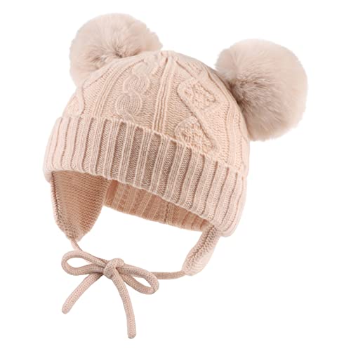 XIAOHAWANG Baby Mädchen Mütze Jungen Babymütze Winter Strickmütze Kindermütze Warme Wintermütze Mit Bommel(0-6Monate, Beige) von XIAOHAWANG