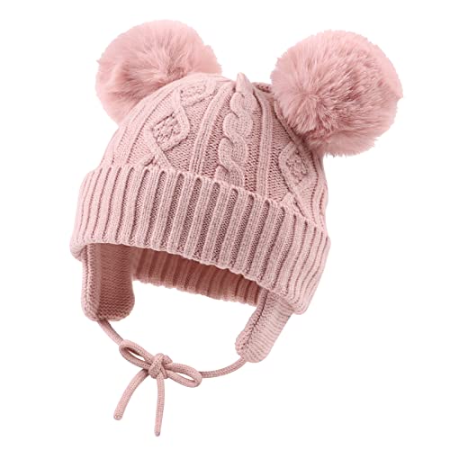 XIAOHAWANG Baby Mädchen Mütze Jungen Babymütze Winter Strickmütze Kindermütze Warme Wintermütze Mit Bommel(0-6Monate, Haut rosa) von XIAOHAWANG