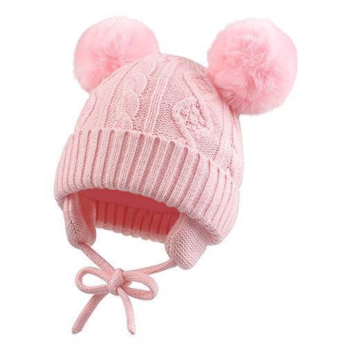 XIAOHAWANG Baby Mädchen Mütze Strickmütze Winter Hut Warme Wintermütze Doppelpompon für Unisex Baby (0-6 Monate, Rosa) von XIAOHAWANG