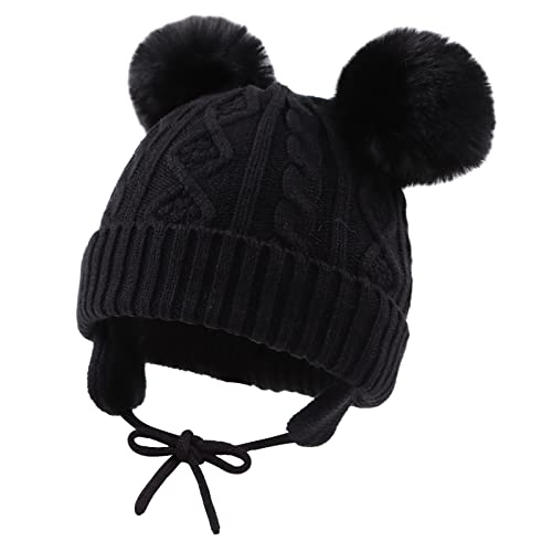 XIAOHAWANG Baby Mädchen Mütze Strickmütze Winter Hut Warme Wintermütze Doppelpompon für Unisex Baby (0-6 Monate, Schwarz) von XIAOHAWANG