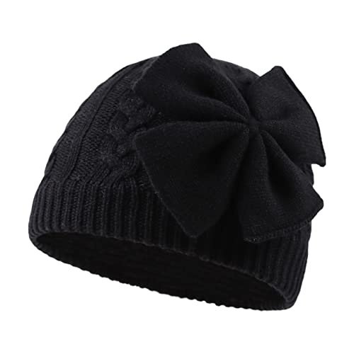 XIAOHAWANG Baby Mütze Mädchen Strickmütze Kinder Wintermütze Warm Kindermützen Mit Schleife(Schwarz, Gr.S(0-6Monate) von XIAOHAWANG