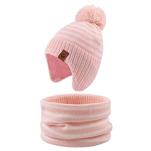 XIAOHAWANG Baby Mütze Winter Klassische Kindermütze Mädchen Jungen Warme Strickmütze mit Pompon Kleinkind Bommelmütze für Outdoor-Aktivitäten (9-24Monate, Rosa(Hut+Schal)) von XIAOHAWANG