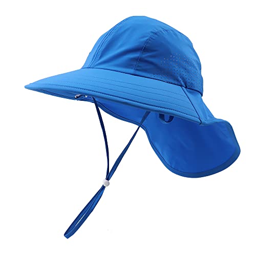 XIAOHAWANG Baby Sonnenhut UV Schutz Kinder Sonnenmütze mit Nackenschutz Sommermütze Wasserdicht Atmungsaktiv Sommer Schirmmütze für Mädchen Jungen (Royal Blue, 46) von XIAOHAWANG