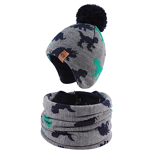 XIAOHAWANG Baby Strickmütze Winter Babymütze Junge Warme Kindermütze Junge Beanie Mütze Dicke Wintermütze für Herbst,Winter(Grau Dinosaurier(Hut+Schal), 2-4Jahren) von XIAOHAWANG