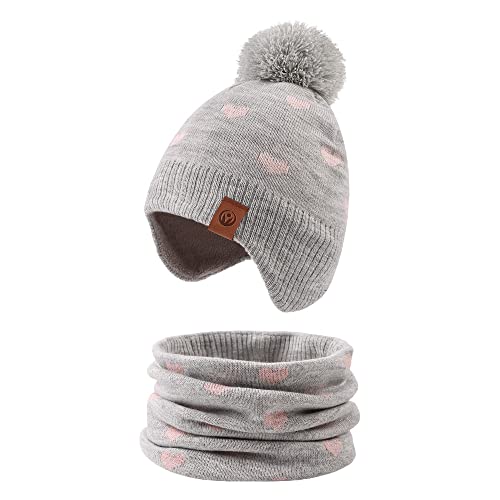 XIAOHAWANG Baby Strickmütze Winter Babymütze Junge Warme Kindermütze Junge Beanie Mütze Dicke Wintermütze für Herbst,Winter(Grau Herz(Hut+Schal),4-7Jahren) von XIAOHAWANG