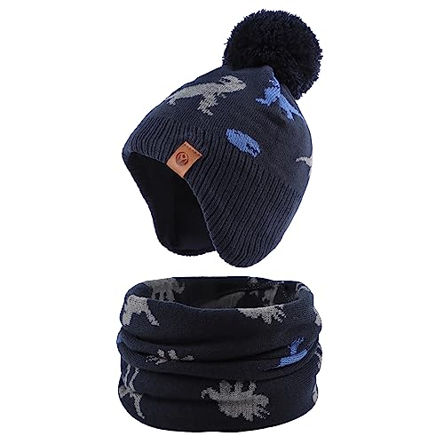 XIAOHAWANG Baby Strickmütze Winter Babymütze Junge Warme Kindermütze Junge Beanie Mütze Dicke Wintermütze für Herbst,Winter(Marine Dinosaurier(Hut+Schal), 4-7Jahren) von XIAOHAWANG