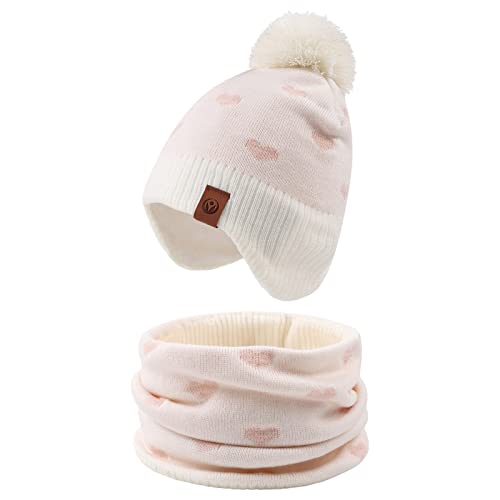 XIAOHAWANG Baby Strickmütze Winter Babymütze Junge Warme Kindermütze Junge Beanie Mütze Dicke Wintermütze für Herbst,Winter(Weiß Herz(Hut+Schal),2-4Jahren) von XIAOHAWANG