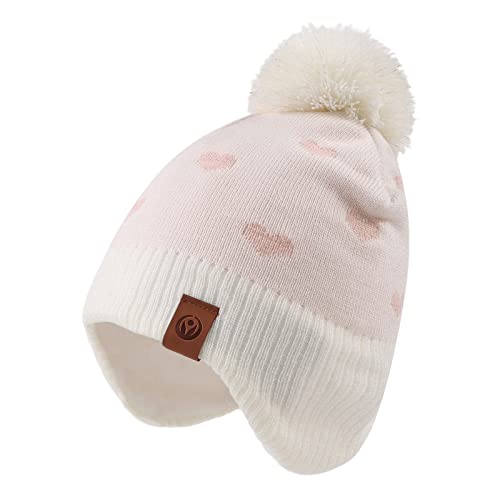 XIAOHAWANG Baby Strickmütze Winter Babymütze Junge Warme Kindermütze Junge Beanie Mütze Dicke Wintermütze für Herbst,Winter(Weiß Herz-Hut,9-24Monate) von XIAOHAWANG