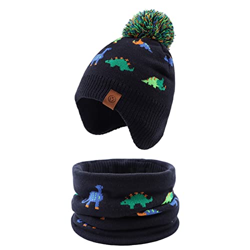 XIAOHAWANG Baby Strickmütze Winter Babymütze Junge Warme Kindermütze Junge Beanie Mütze Dicke Wintermütze für Herbst,Winter (Bunte Dinosaurier(Hut+Schal), 2-4Jahren) von XIAOHAWANG