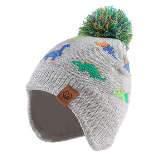 XIAOHAWANG Baby Strickmütze Winter Babymütze Junge Warme Kindermütze Junge Beanie Mütze Dicke Wintermütze für Herbst,Winter (Bunter Grauer Dinosaurierhut, 4 bis 8 Jahre) von XIAOHAWANG