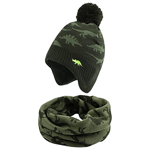 XIAOHAWANG Baby Strickmütze Winter Babymütze Junge Warme Kindermütze Junge Beanie Mütze Dicke Wintermütze für Herbst,Winter (Grün Dinosaurier(Hut+Schal), 2-4Jahren) von XIAOHAWANG