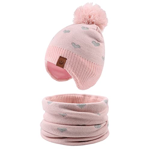 XIAOHAWANG Baby Strickmütze Winter Babymütze Junge Warme Kindermütze Junge Beanie Mütze Dicke Wintermütze für Herbst,Winter (Rosa(Hut+Schal), 2-4Jahren) von XIAOHAWANG