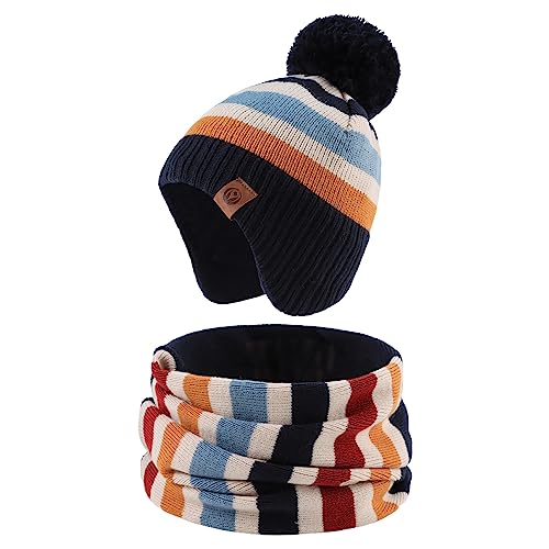 XIAOHAWANG Baby Strickmütze Winter Babymütze Junge Warme Kindermütze Junge Beanie Mütze Dicke Wintermütze für Herbst,Winter (Streifen(Hut+Schal), 4-7Jahren) von XIAOHAWANG