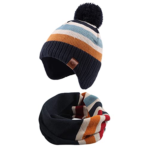 XIAOHAWANG Baby Strickmütze Winter Babymütze Junge Warme Kindermütze Junge Beanie Mütze Dicke Wintermütze für Herbst,Winter (Streifen(Hut+Schal), 9-24Monate) von XIAOHAWANG