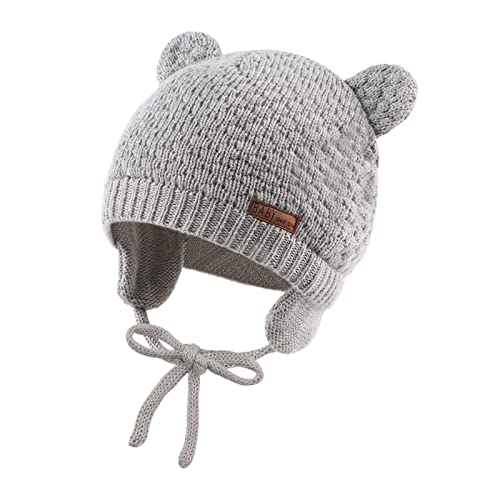 XIAOHAWANG Baby Wintermütze Jungen Mädchen Warmer Strickmützen Weicht Baumwolle-Futter mit Süße Bärenohren Winter Babymütze(Grau, L) von XIAOHAWANG