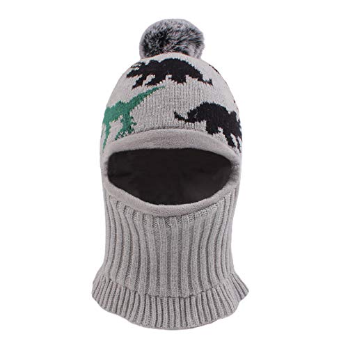 XIAOHAWANG Baby Wintermütze Junge Strickmütze Baby Mädchen Mütze Mit Bommel Baby Junge Beanie Mütze (Gris Dinosaure, 3-10Jahen) von XIAOHAWANG