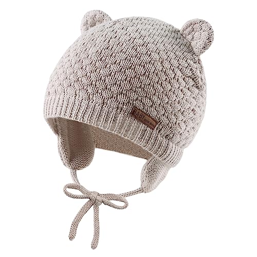 XIAOHAWANG Baby Wintermütze Jungen Mädchen Warmer Strickmützen Weicht Baumwolle-Futter mit Süße Bärenohren Winter Babymütze(Beige, 0-6 Months) von XIAOHAWANG