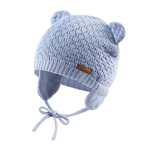 XIAOHAWANG Baby Wintermütze Jungen Mädchen Warmer Strickmützen Weicht Baumwolle-Futter mit Süße Bärenohren Winter Babymütze(Himmelblau, 0-6 Months) von XIAOHAWANG