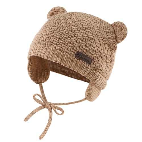 XIAOHAWANG Baby Wintermütze Jungen Mädchen Warmer Strickmützen Weicht Baumwolle-Futter mit Süße Bärenohren Winter Babymütze(Khaki, 6-18 Monate) von XIAOHAWANG