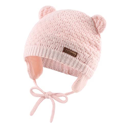 XIAOHAWANG Baby Wintermütze Jungen Mädchen Warmer Strickmützen Weicht Baumwolle-Futter mit Süße Bärenohren Winter Babymütze(Rosa, S) von XIAOHAWANG