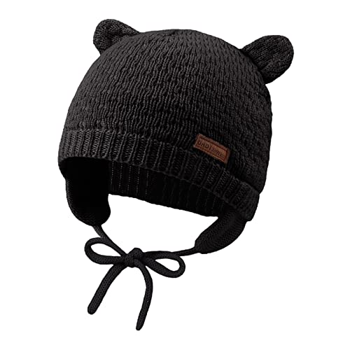 XIAOHAWANG Baby Wintermütze Jungen Mädchen Warmer Strickmützen Weicht Baumwolle-Futter mit Süße Bärenohren Winter Babymütze(Schwarz, 18-36 Months) von XIAOHAWANG