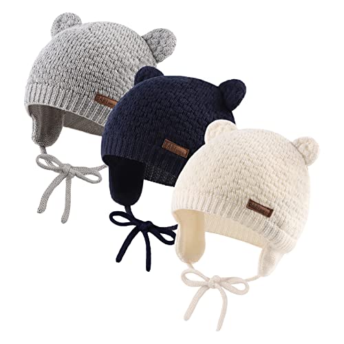 XIAOHAWANG Baby Wintermütze Jungen Mädchen Warmer Strickmützen Weicht Baumwolle-Futter mit Süße Bärenohren Winter Babymütze(Weiß+Marine+Grau, L) von XIAOHAWANG