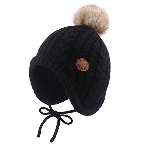 XIAOHAWANG Baby Wintermütze Mädchen Jungen Warm Strickmütze mit Pompom Niedliche BabymüTZE Herbst,Winter (Schwarz, 0-6Monate) von XIAOHAWANG