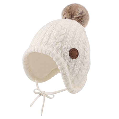 XIAOHAWANG Baby Wintermütze Mädchen Jungen Warm Strickmütze mit Pompom Niedliche BabymüTZE Herbst,Winter (Weiß, 0-6Monate) von XIAOHAWANG