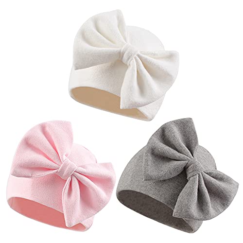 XIAOHAWANG Babymütze Beanie Neugeborene 0-6Monate Baumwolle Newborn Mütze Mit Schleife Mütze Baby Mädchen Erstlingsmütze Dicke Mütze Baby Jungen für Herbst,Winter (Weiß+Rosa+Grau, 0-6Monate) von XIAOHAWANG