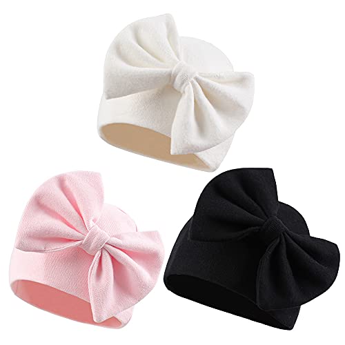 XIAOHAWANG Babymütze Beanie Neugeborene 0-6Monate Baumwolle Newborn Mütze Mit Schleife Mütze Baby Mädchen Erstlingsmütze Dicke Mütze Baby Jungen für Herbst,Winter (Weiß+Rosa+Schwarz, 0-6Monate) von XIAOHAWANG