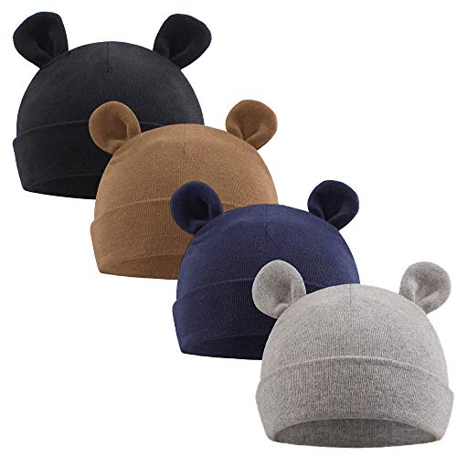 XIAOHAWANG Babymütze Neugeborene Mädchen Jungen Mütze Baby Beanie Baumwolle für 0-12 Monate Babys Unisex Erstlingsmütze (0-6Monate, Schwarz + Marine + Grau + Braun) von XIAOHAWANG