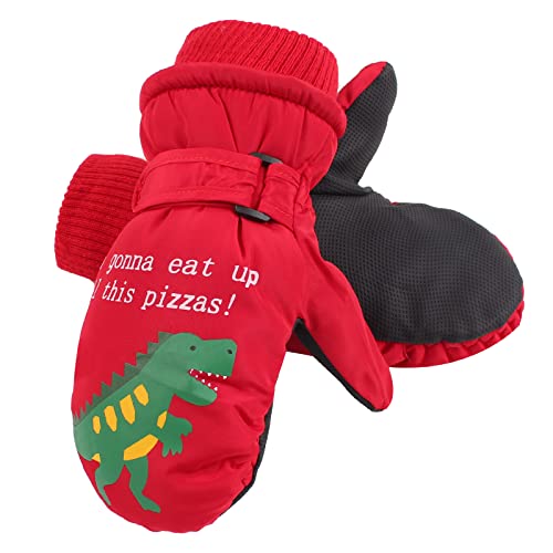 XIAOHAWANG Fausthandschuhe Kinder Wasserdicht Skihandschuhe Winter Handschuhe Mit Dinosaurier Jungen Schlittschuh Handschuhe (Rot, M) von XIAOHAWANG