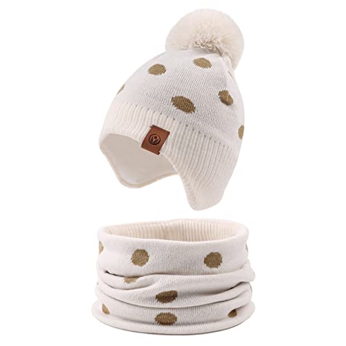 XIAOHAWANG Gestrickte Babymütze, Winter, warme Mütze mit Fleecefutter für Jungen, Mädchen, mit Bommel, 2-4 Jahre von XIAOHAWANG