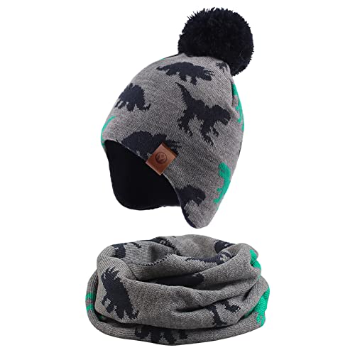 XIAOHAWANG Gestrickte Babymütze, Winter, warme Mütze mit Fleecefutter für Jungen, Mädchen, mit Bommel, 2-4 Jahre von XIAOHAWANG