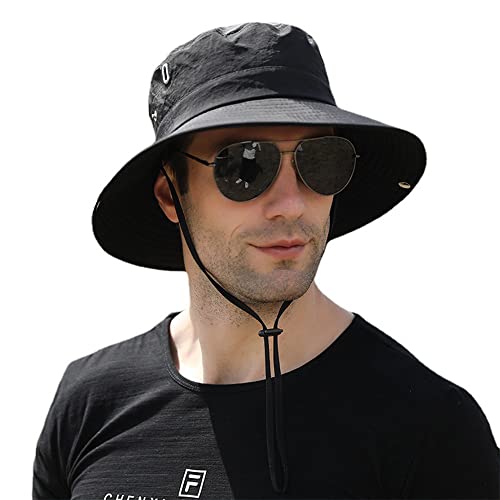 Sonnenmütze Herren Sommerhut UV Schutz Fischerhut Faltbar Sommer Boonie Hut mit Breiter Krempe Gartenhut Wandern Angeln (as3, Alpha, one_Size, Schwarz) von XIAOHAWANG