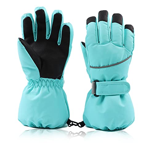 XIAOHAWANG Skihandschuhe Kinder Wasserdicht Winddichtem mit Reflektierenden Streifen Rutschfeste Handschuhe Wärmende Fäustlinge Kälteschutz Fausthandschuhe für Kinder,Erwachsene(Grün, L(10-14Jahren)) von XIAOHAWANG