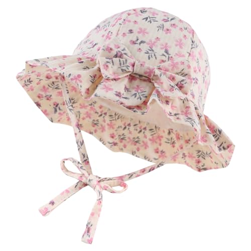 XIAOHAWANG Sommerhut Baby Mädchen UV Schutz Sonnenhut Mütze Baby Sommer Mützen Baumwolle Mit Schleife und Bindebändern(Rosa Blüten, 44cm(0-3 Monate)) von XIAOHAWANG