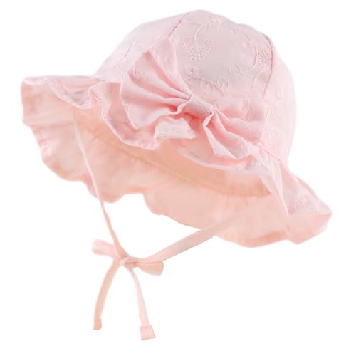 XIAOHAWANG Sommerhut Baby Mädchen UV Schutz Sonnenhut Mütze Baby Sommer Mützen Baumwolle Mit Schleife und Bindebändern (Rosa Stickerei, 44cm(0-3 Monate)) von XIAOHAWANG