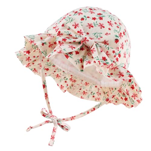 XIAOHAWANG Sommerhut Baby Mädchen UV Schutz Sonnenhut Mütze Baby Sommer Mützen Baumwolle Mit Schleife und Bindebändern (Rot Blüten, 48cm(6-12 Monate)) von XIAOHAWANG
