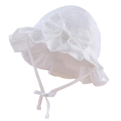 XIAOHAWANG Sommerhut Baby Mädchen UV Schutz Sonnenhut Mütze Baby Sommer Mützen Baumwolle Mit Schleife und Bindebändern (Weiß Stickerei, 48cm(6-12 Monate)) von XIAOHAWANG